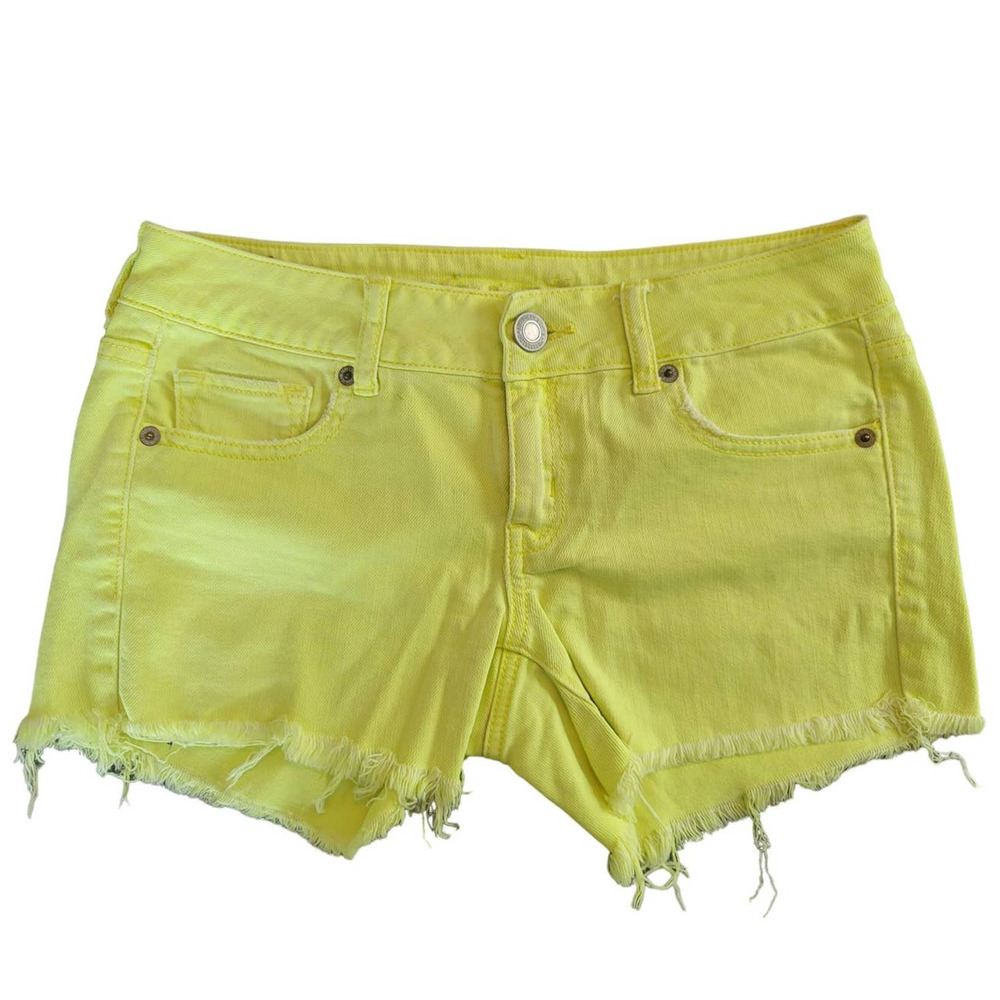 American Eagle Bright Yellow Denim Shorts‎ Stretch Cut Off Size 2